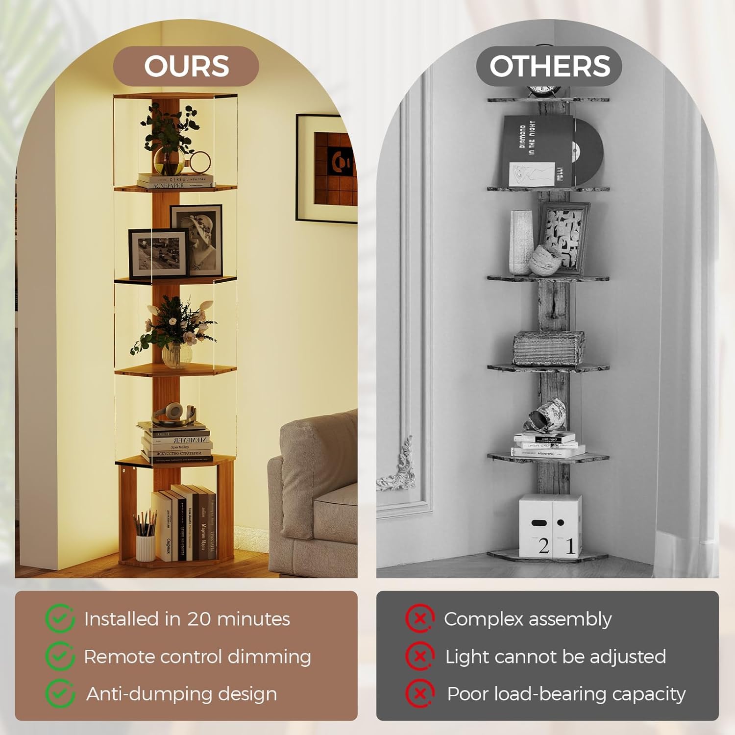 Quikraen 6 Tier Corner Shelf with LED Light