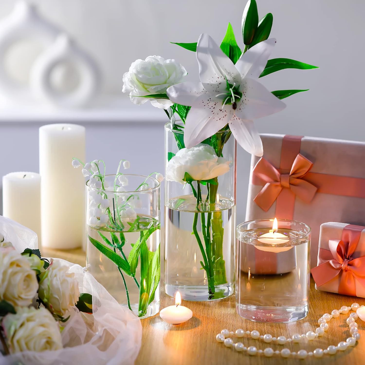 Jinei 12 Pack Glass Cylinder Vases with Floating Candles Set