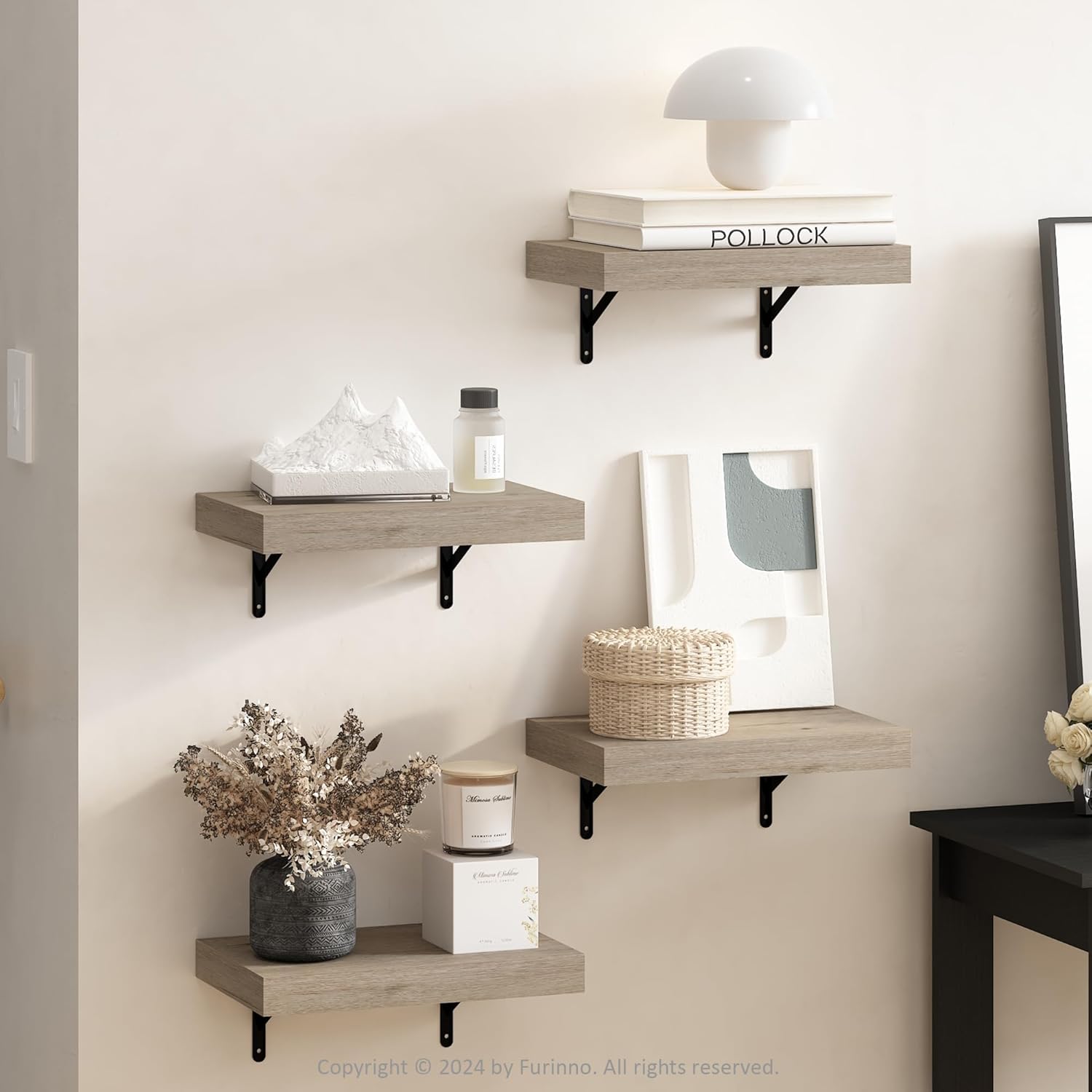 Furinno Tanna 15 Inch Wall Mounted Floating Shelves Set of 4 Natural