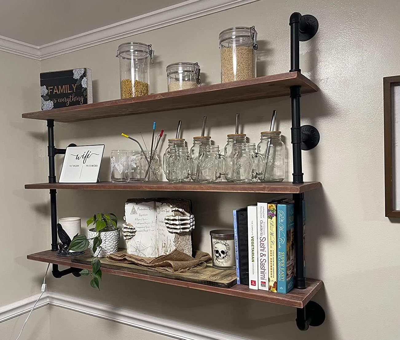 Industrial Pipe Floating Shelf with Solid Wood 48 Inch Wall Mount