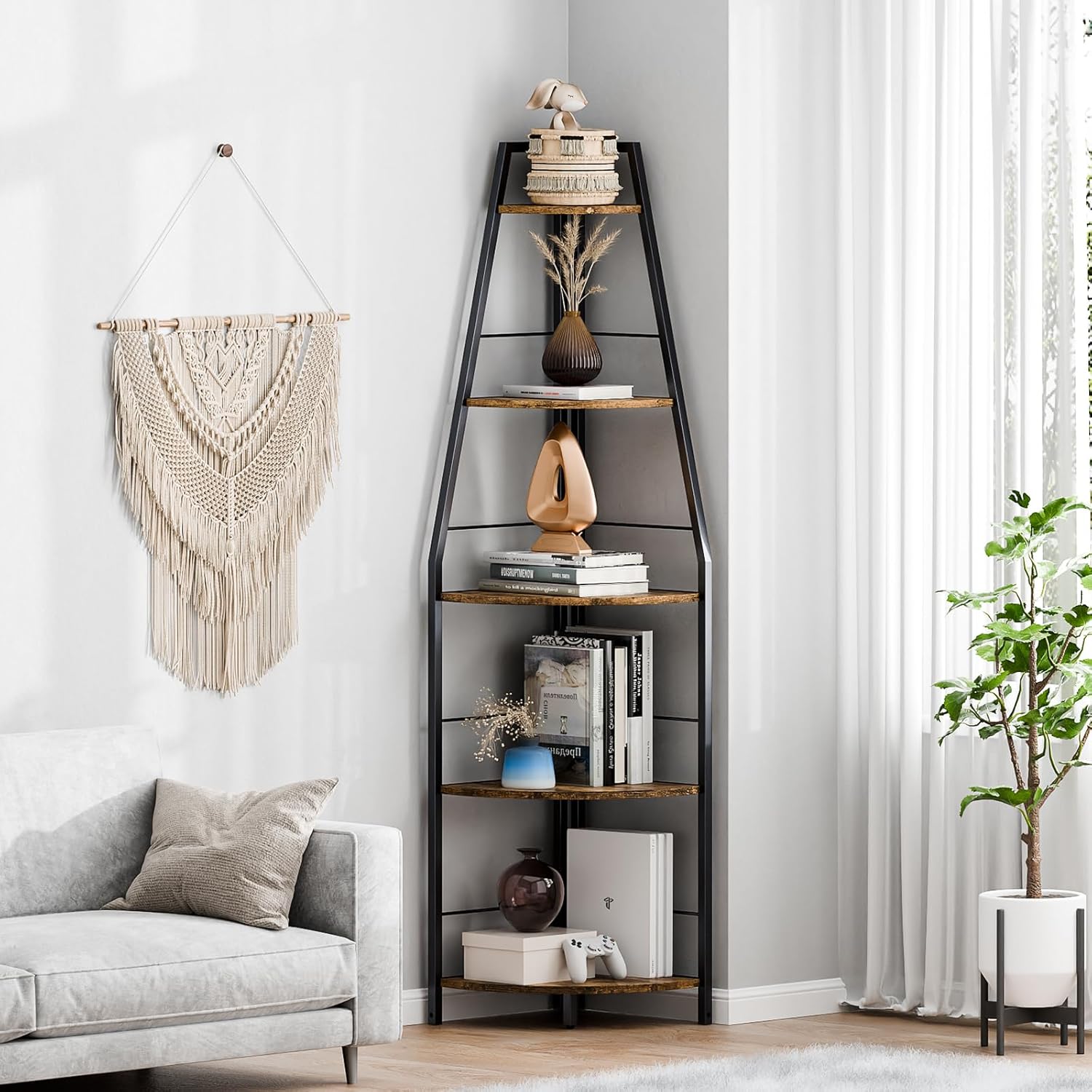 Rustic Tall Corner Ladder Shelf 5 Tier Industrial Bookshelf