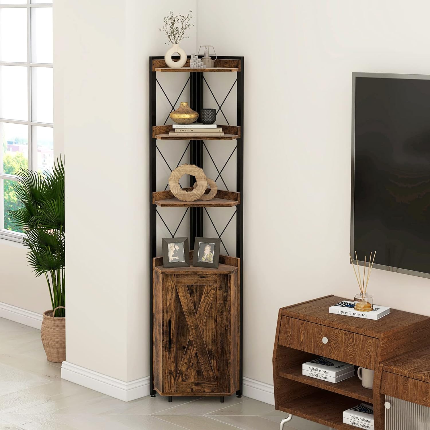 LOKO 71 Inches Tall Corner Shelf with 4 Tiers and Storage Cabinet