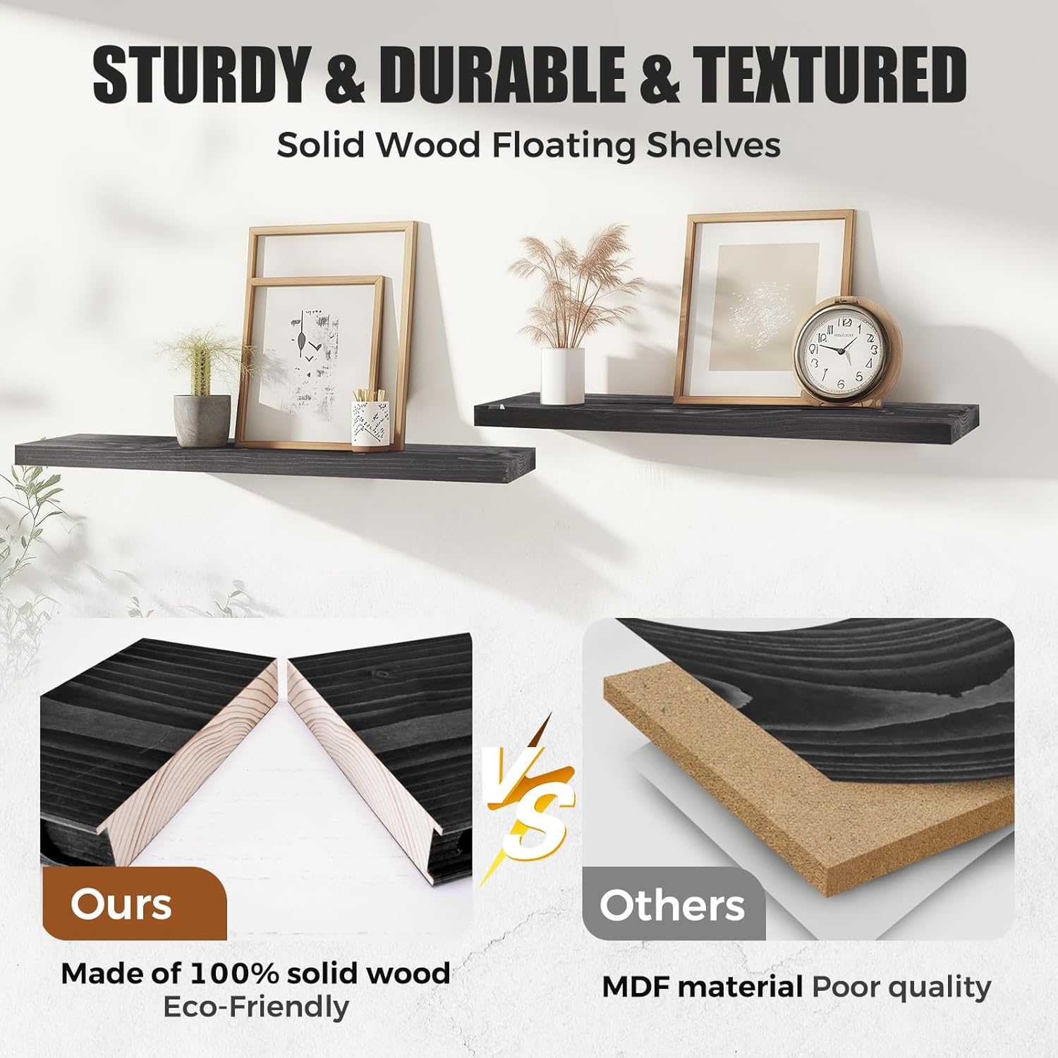 Floating Wall Shelves 3-Pack - 24 Inch Rustic Black Wooden Shelves for Space Saving Storage and Dcor