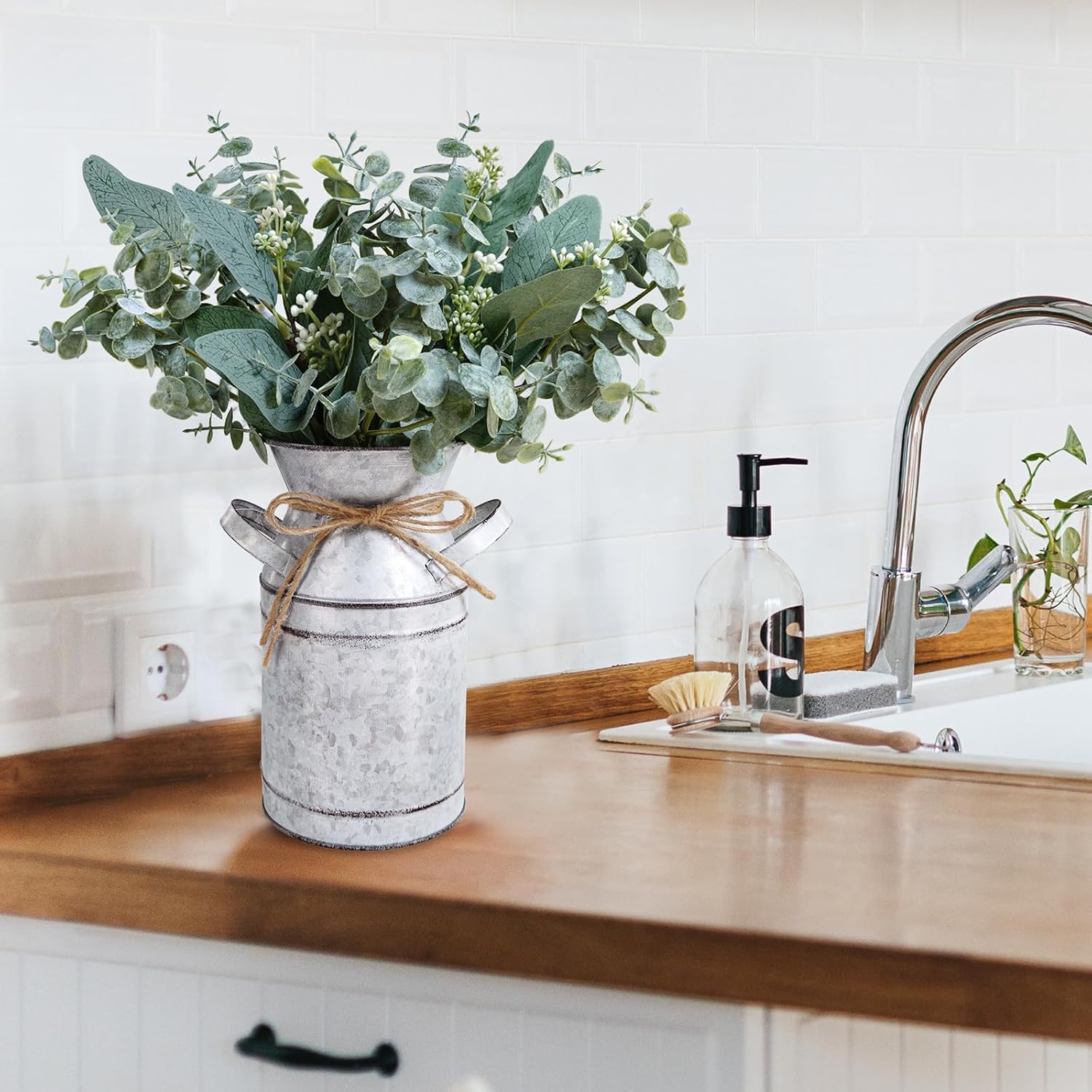 Winlyn Rustic Metal Milk Can Vase with Artificial Eucalyptus Stems
