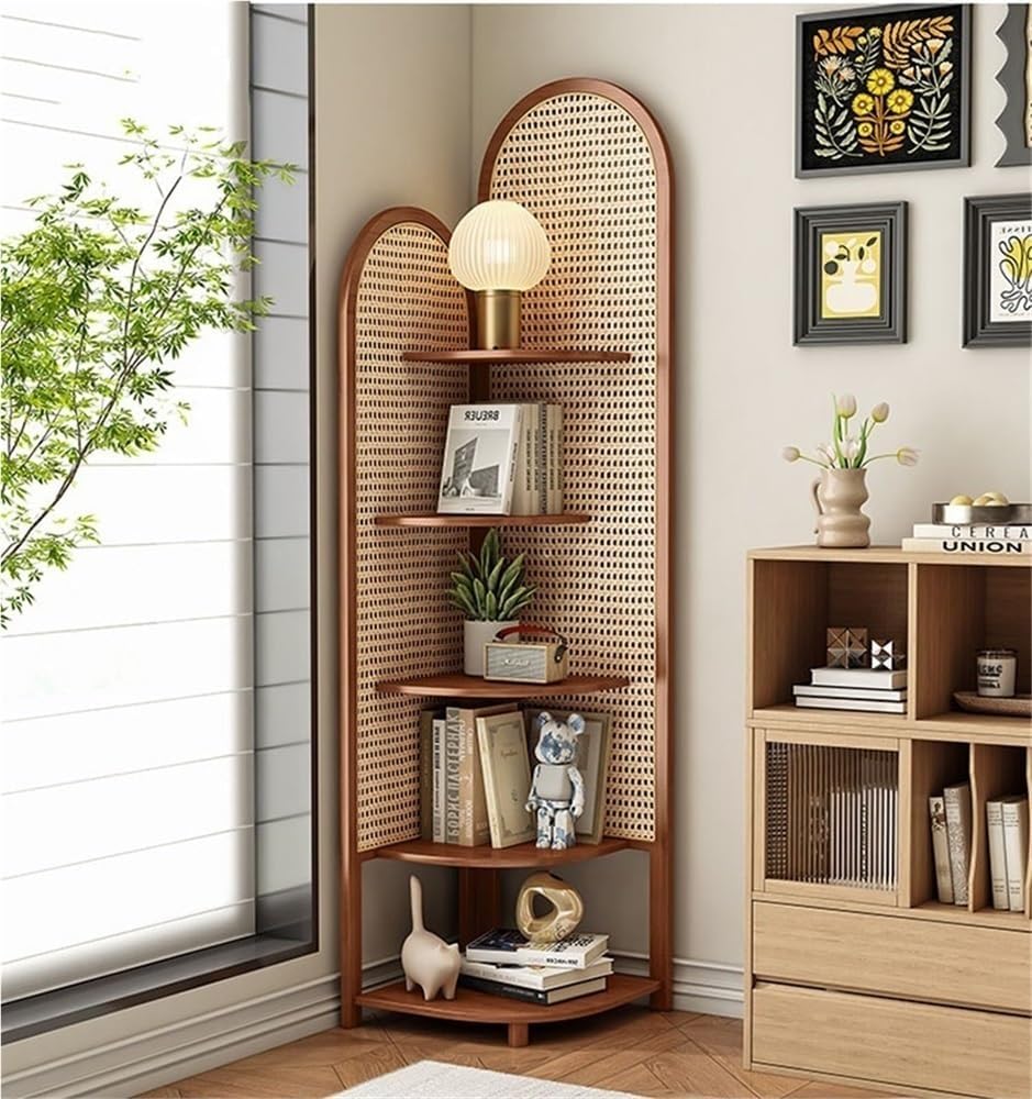 Rattan Corner Bookshelf with 5 Tiers Storage