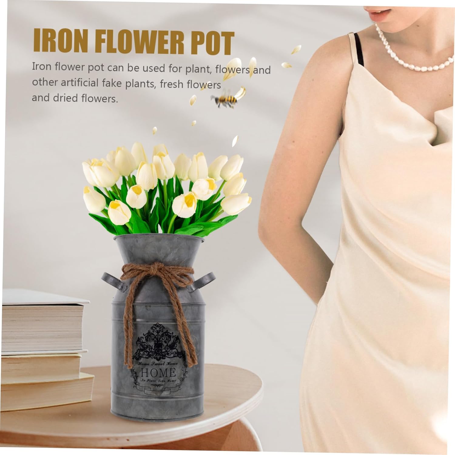 Rustic Iron Flower Bucket for Home Decor
