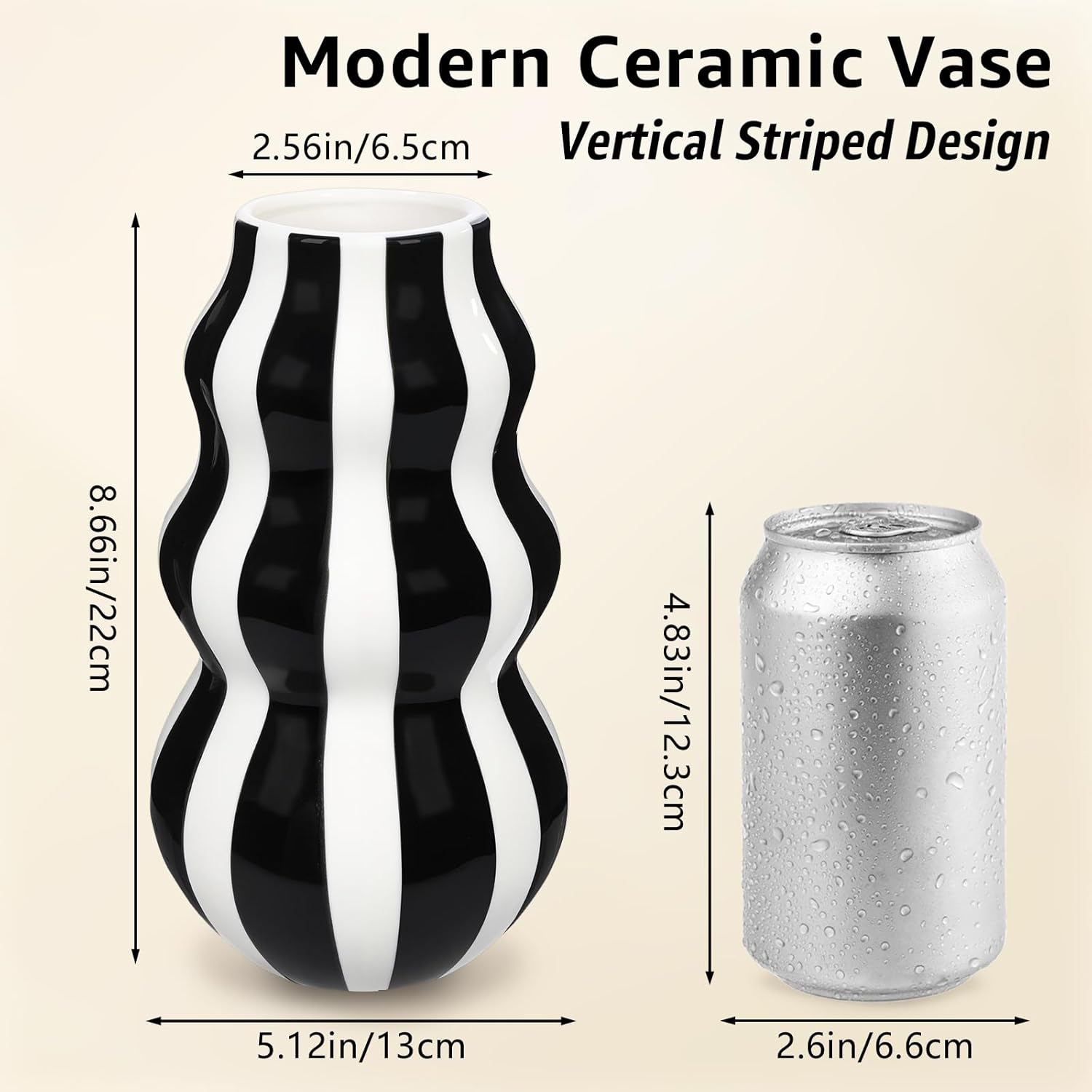Black and White Ceramic Vase 866 in Tall Modern Striped Centerpiece