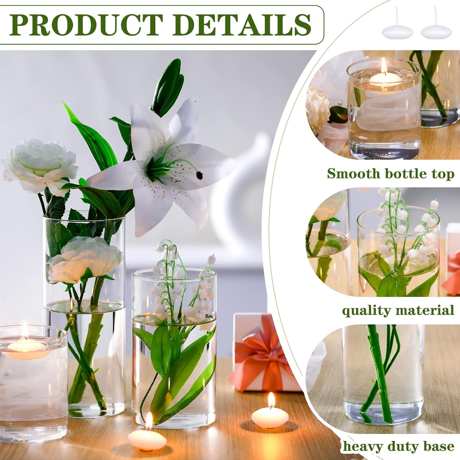 Jinei 12 Pack Glass Cylinder Vases with Floating Candles Set