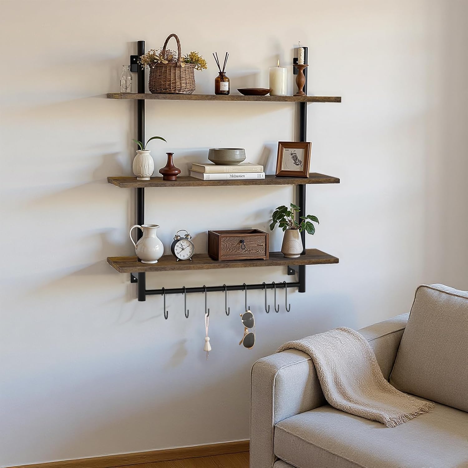 3 Tier Floating Wall Shelves with Towel Bar for Kitchen and Bathroom