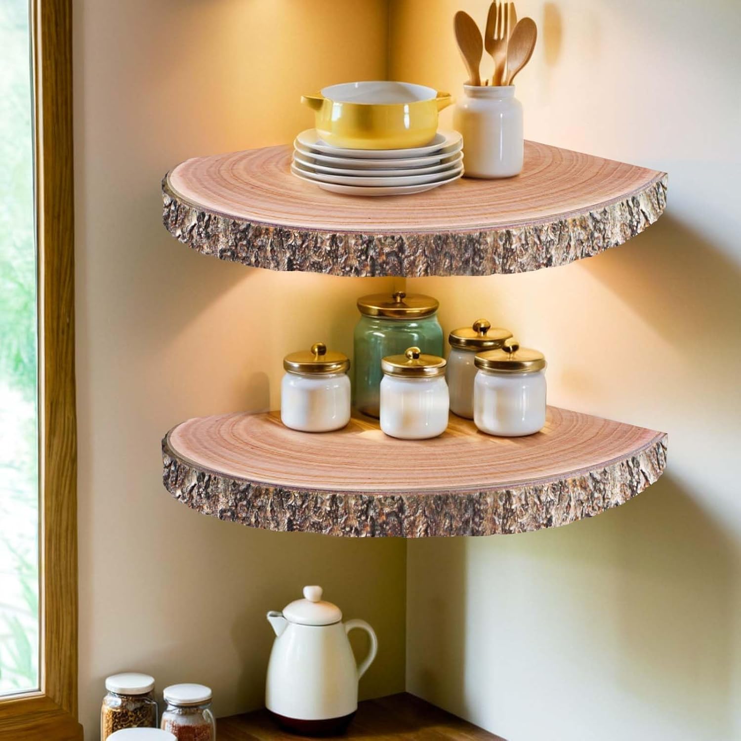 OriCre 2Pcs Large Corner Floating Wood Shelves