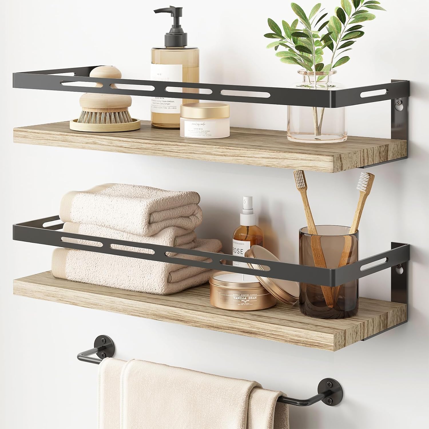 YGEOMER Floating Shelves Bathroom Organizer Over Toilet Wall Mount Rustic Brown Black
