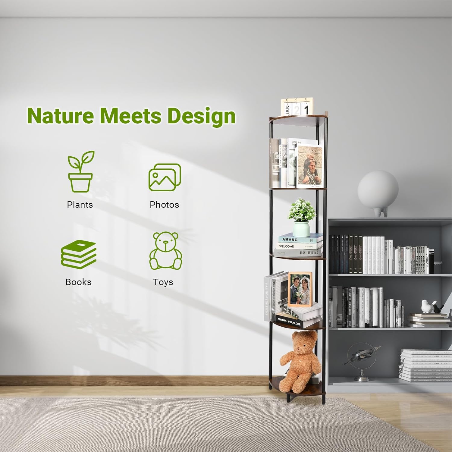 5 Layers Wooden Corner Shelf Floating Storage Bookshelf Wall Display Home Decor