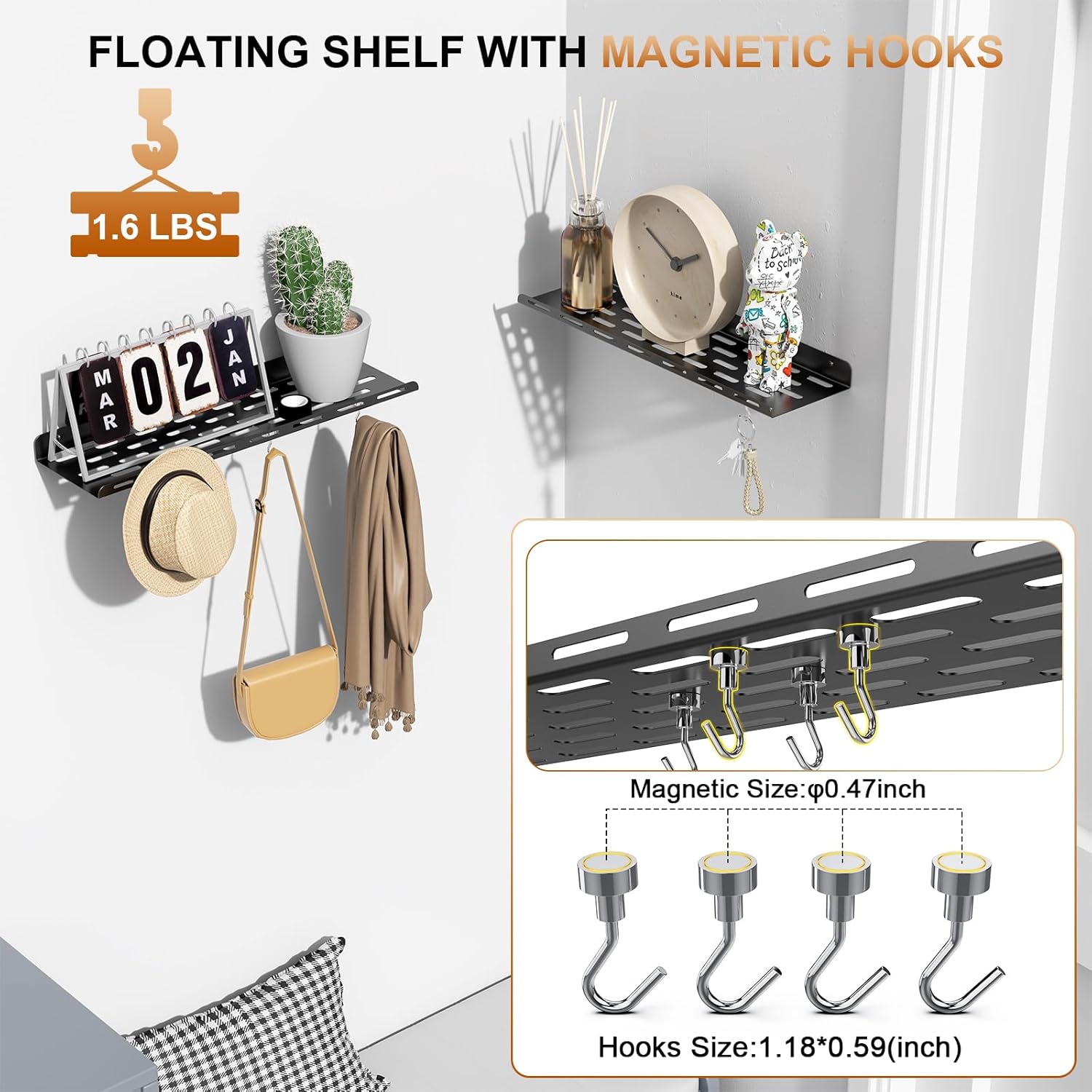 Kerisgo Floating Bookshelf Set of 2 with Magnetic Hooks