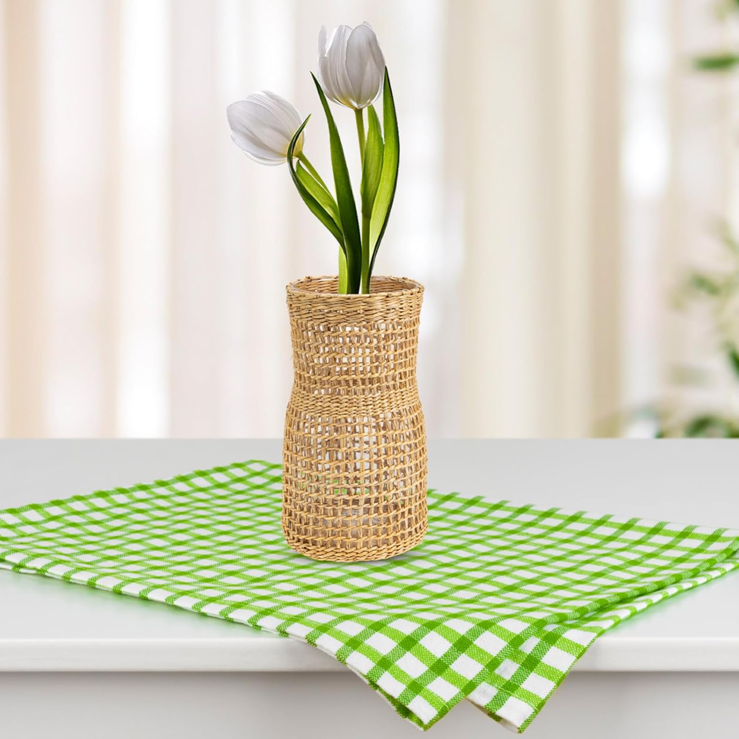 Rattan Woven Glass Flower Vase for Home Decor