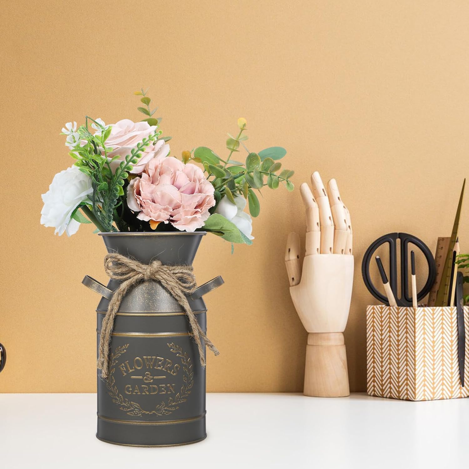 Rustic Galvanized Flower Bucket Vintage Style Decorative Planter Grey Finish