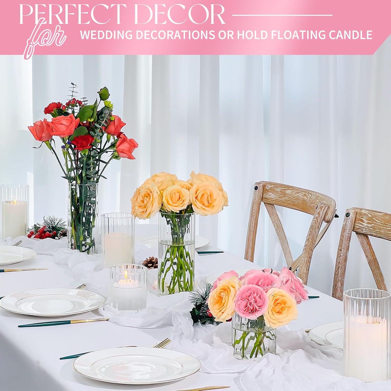 6 Pcs Clear Glass Cylinder Vases Set 8 Inch Tall for Centerpieces and Decorations