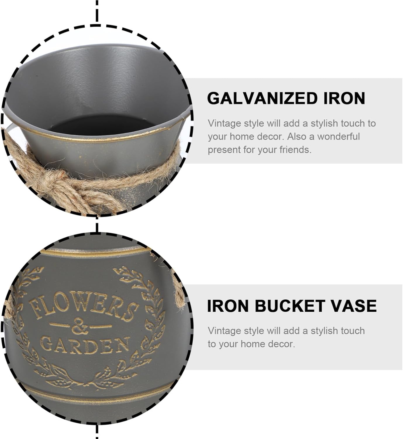 Rustic Galvanized Flower Bucket Vintage Style Decorative Planter Grey Finish