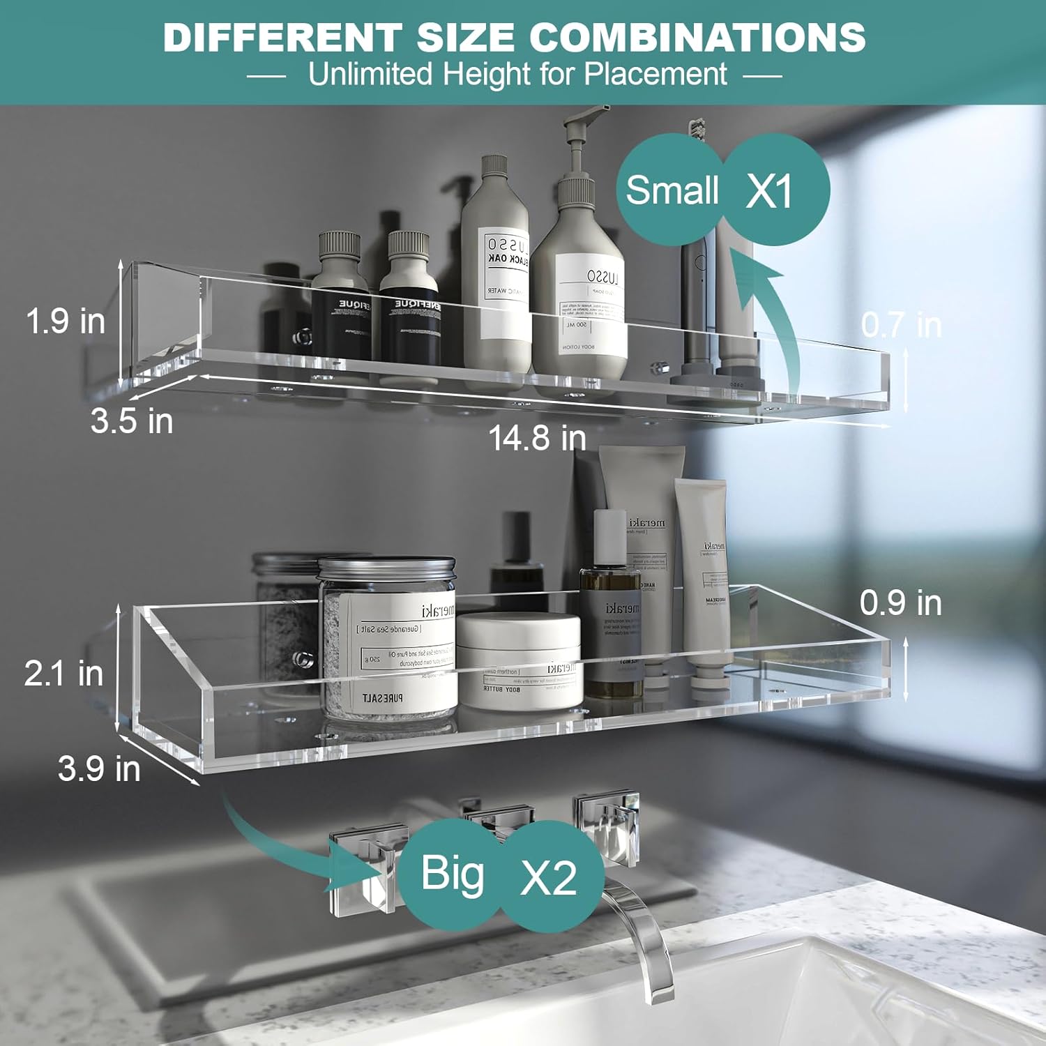Acrylic Bathroom Shelves 3 PCS Wall Mounted Space Saving Modern Design