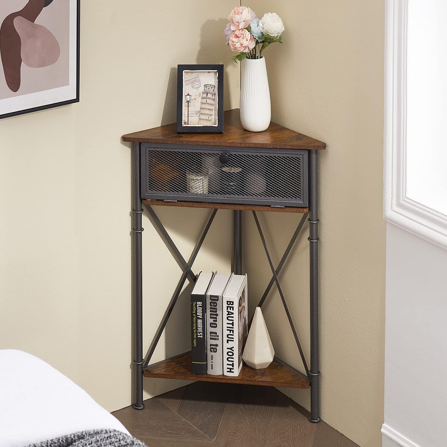 VECELO Corner Table Shelf with 3 Tier Brown Storage