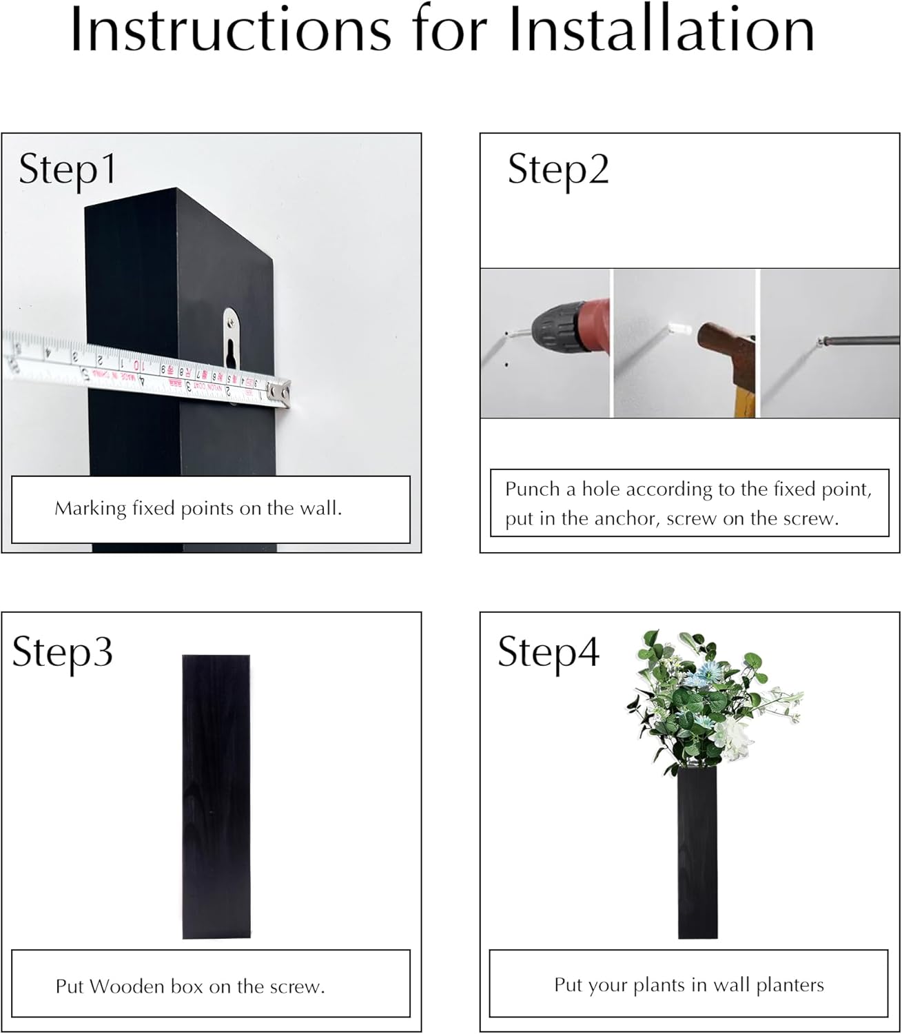 4 Black Wooden Wall Planters for Indoor Plants
