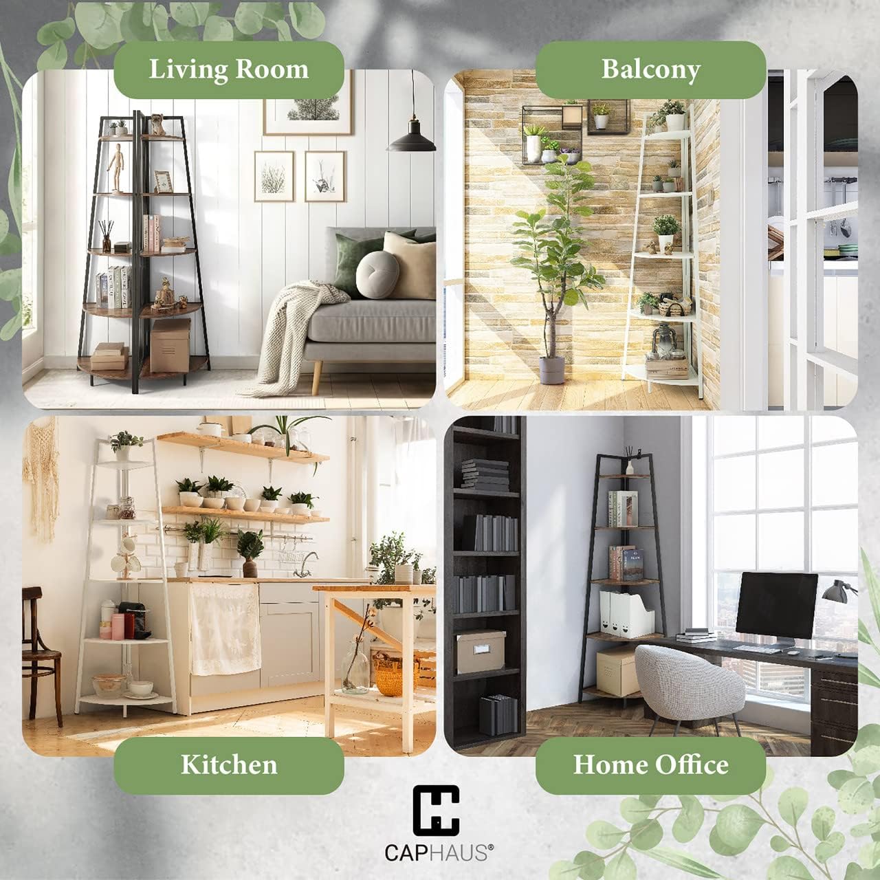 CAPHAUS 6-Tier Corner Shelf Stand Tall White Bookcase with Metal Frame