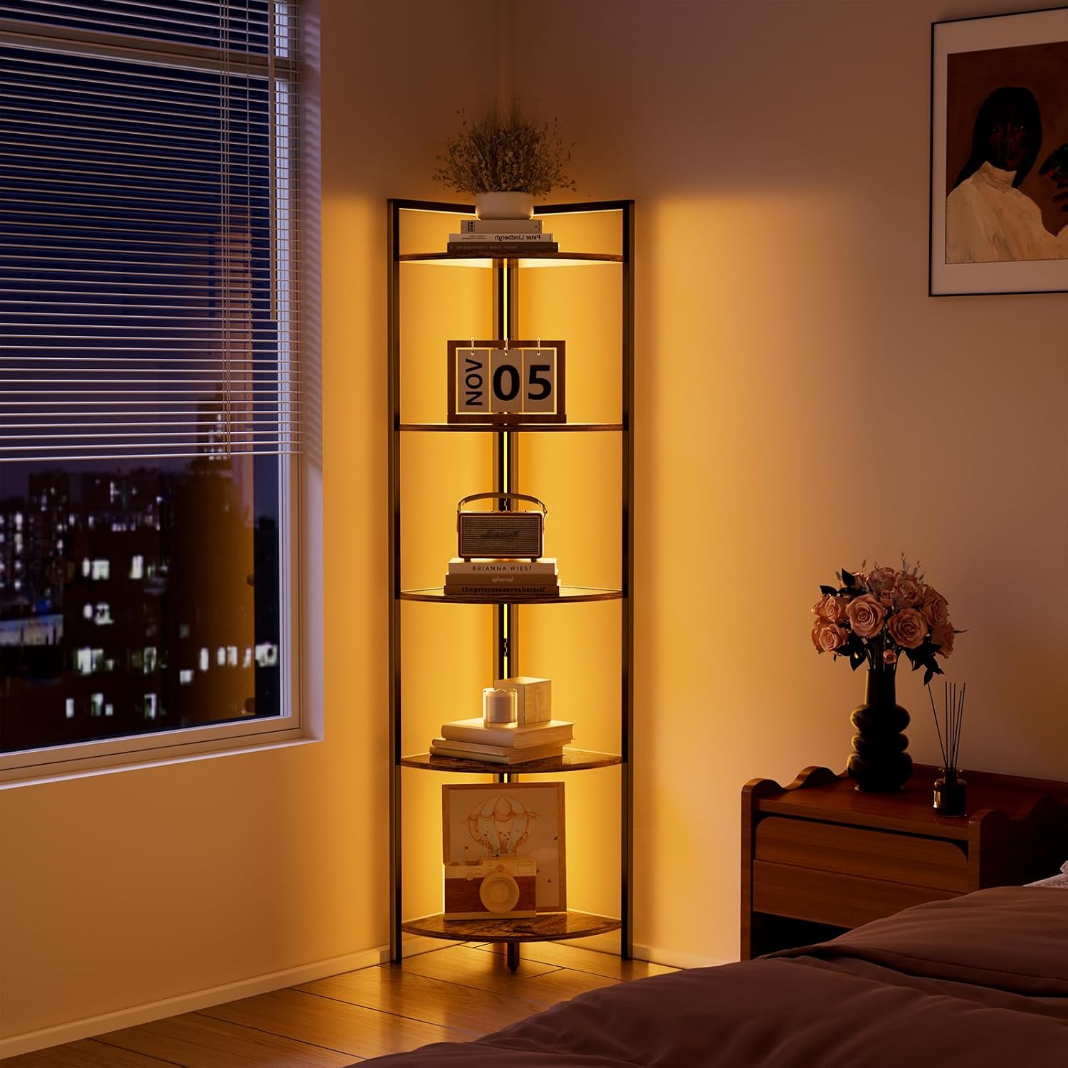 Rustic Brown Corner Shelf with LED Lighting