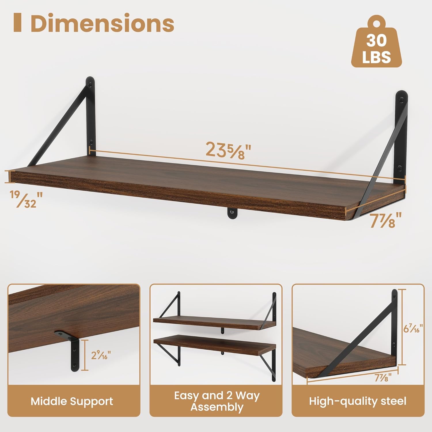 Heimlove Floating Shelves 24 Inch Set of 3 Walnut
