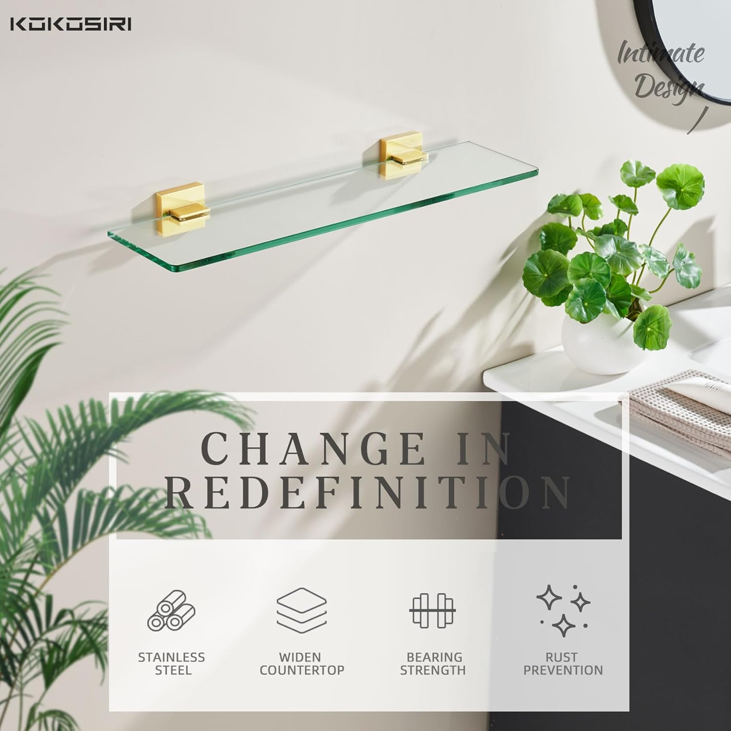 KOKOSIRI Floating Tempered Glass Shelf 16x56 Inch
