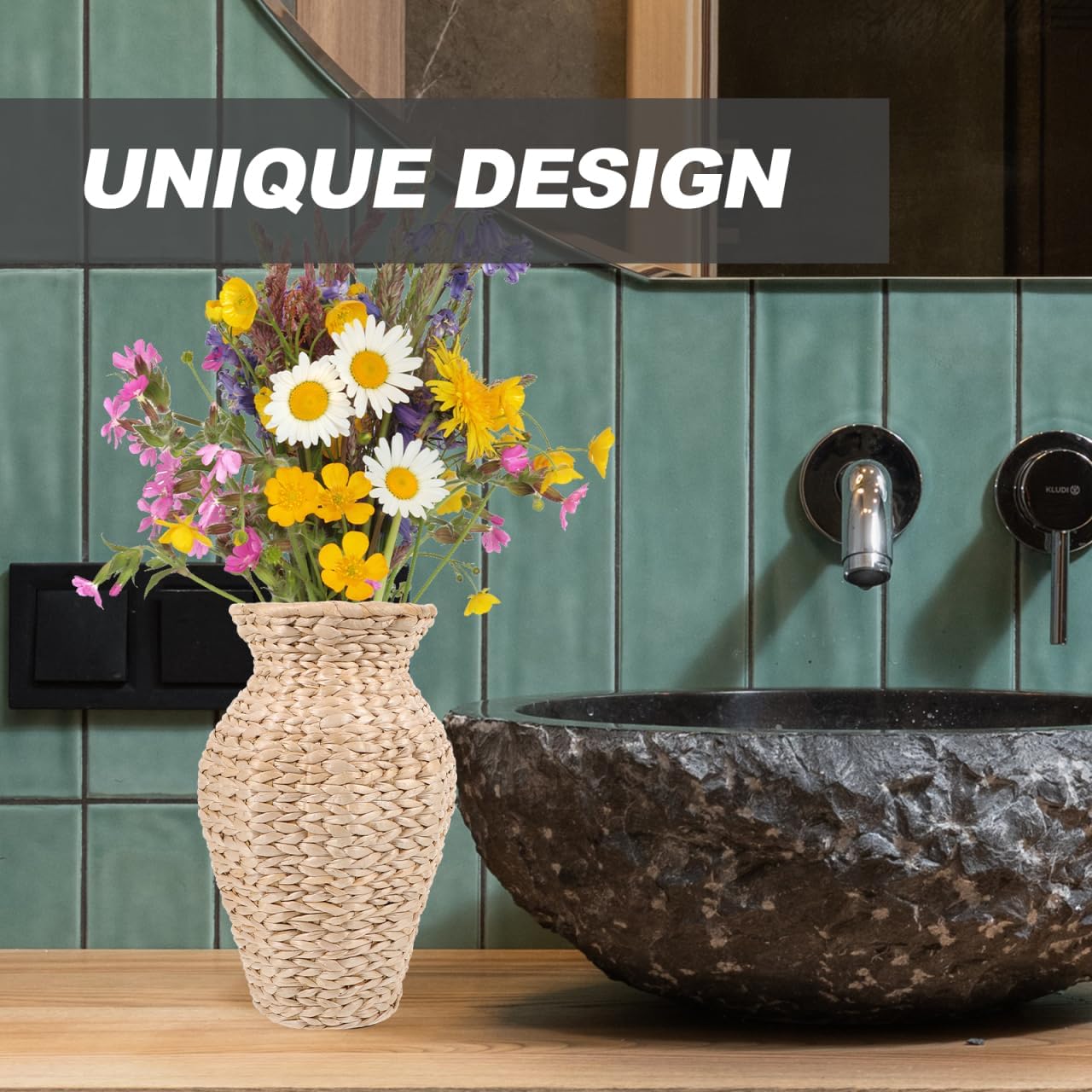 VOSAREA Woven Grass Flower Vase with Rattan Design for Home and Wedding Decor