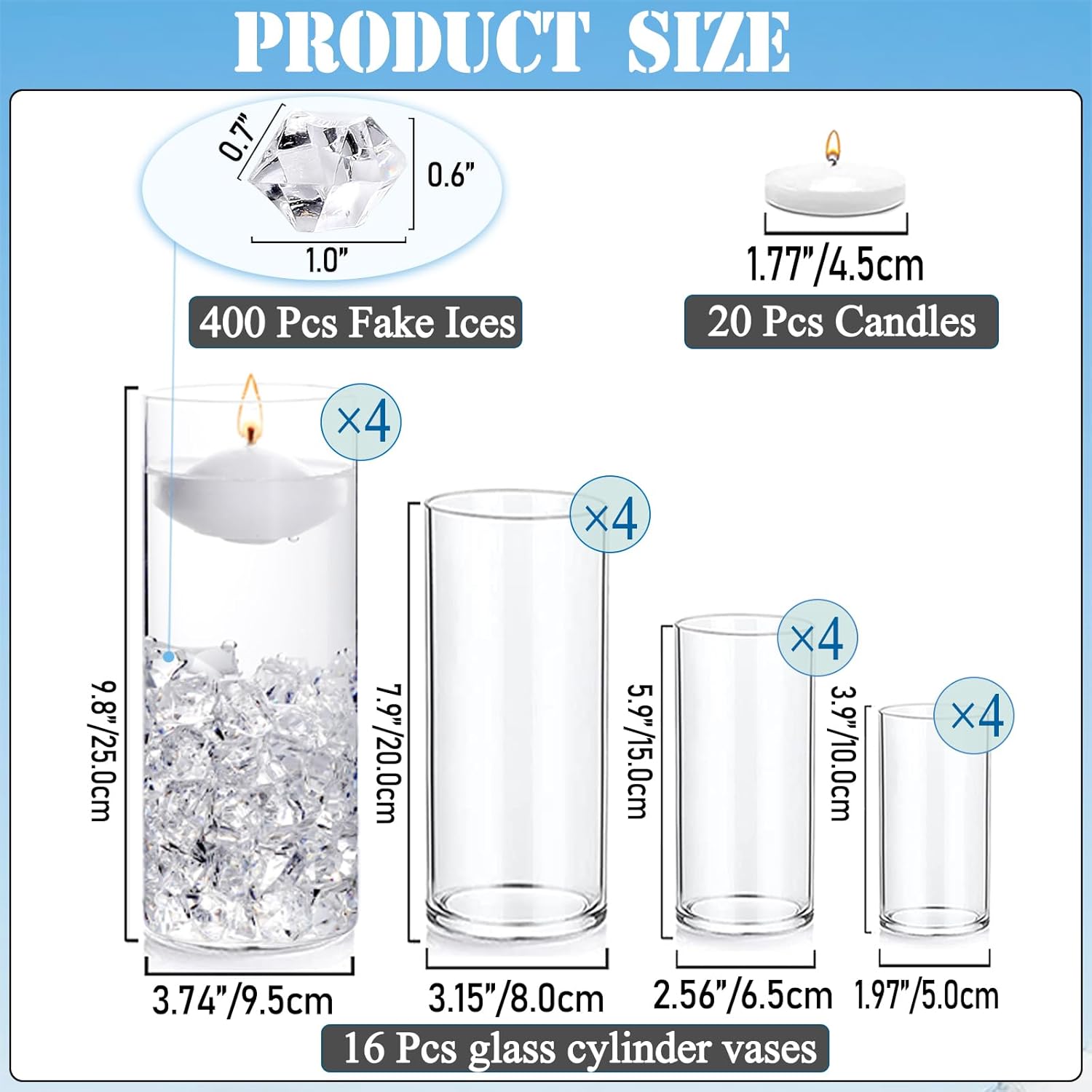 20 White Floating Candles and 16 Glass Vases Centerpiece Set