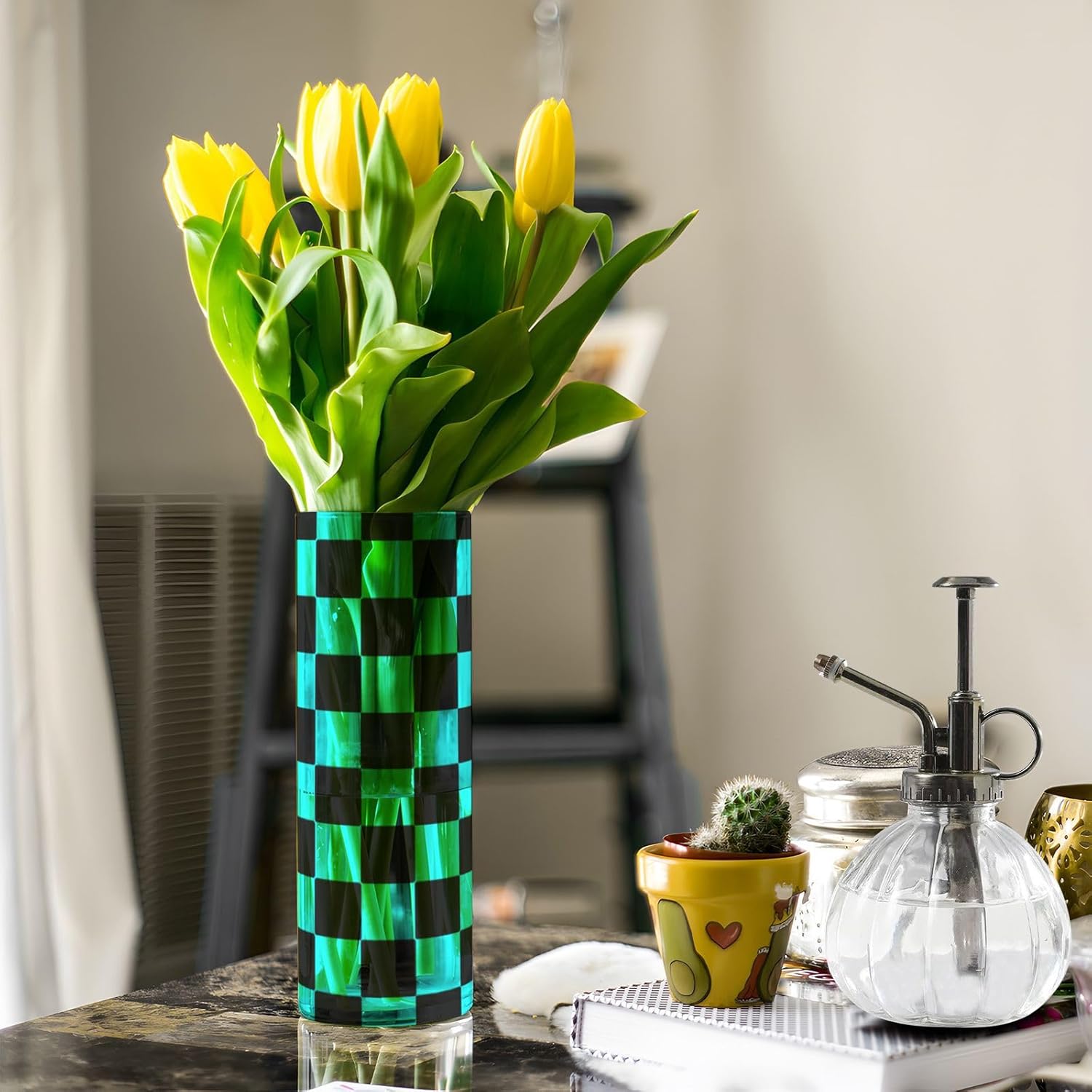 Buffalo Plaid Check Black Cyan Cylinder Vase 118 x 39 Inch