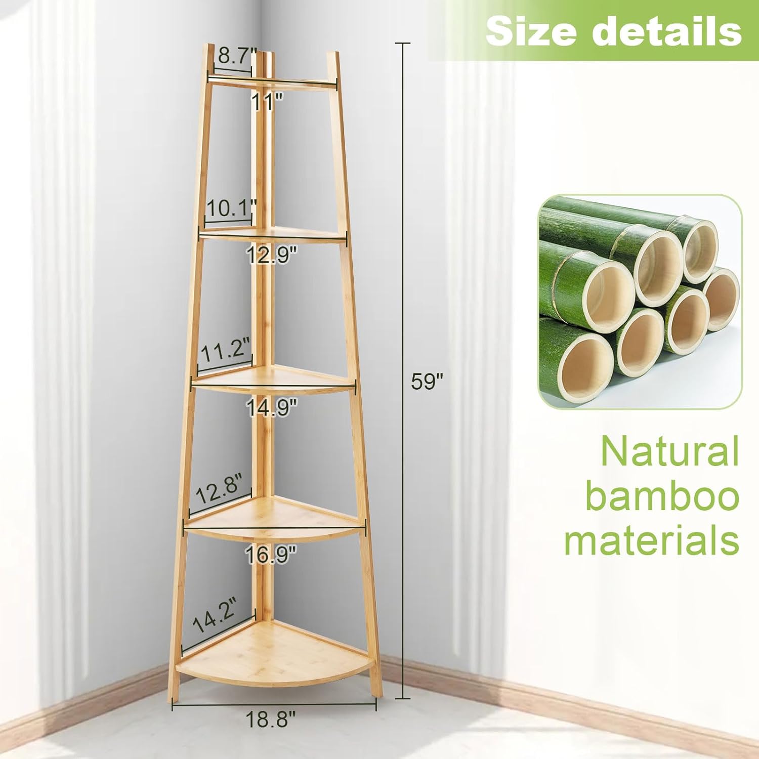 OUTREE Bamboo Corner Shelf 5 Tier Bookshelf Stand for Living Room Bedroom Office Bathroom