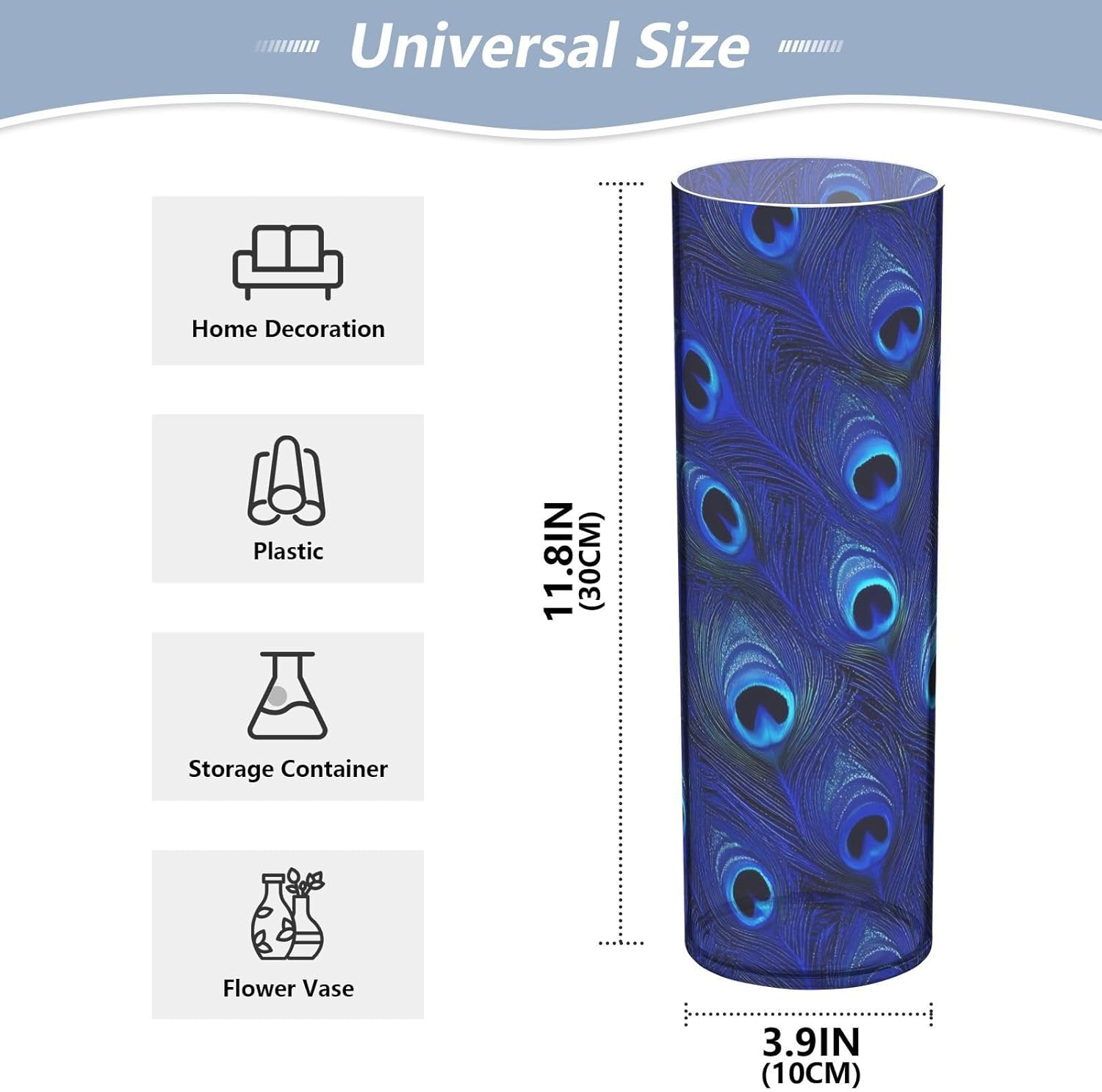 Blue Peacock Feathers Plastic Cylinder Vase 118 x 39 Inch