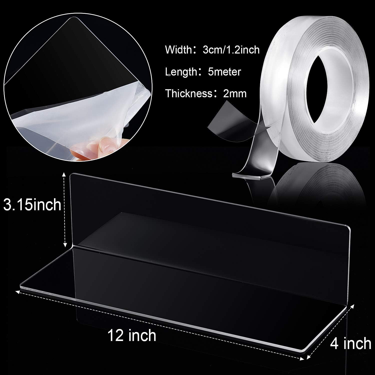 Jetec 8 Piece Clear Acrylic Floating Shelves Set