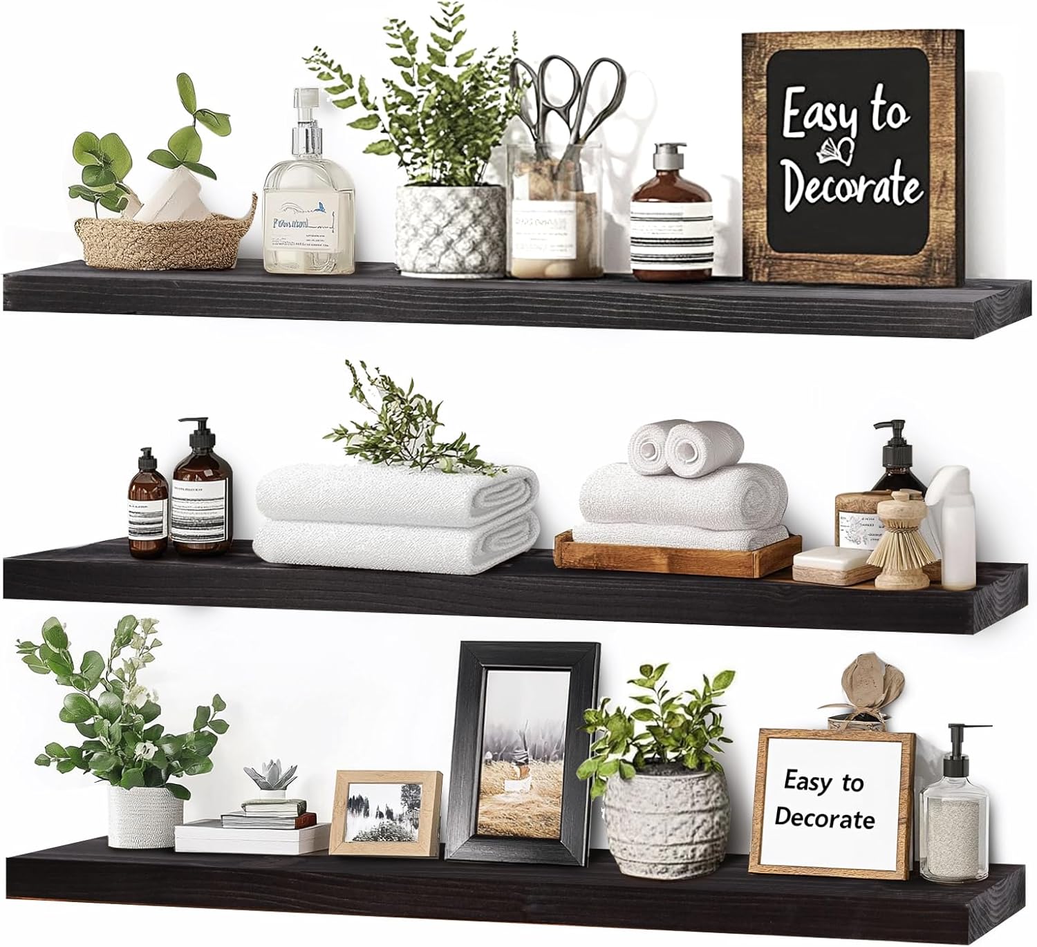 Floating Wall Shelves 3-Pack - 24 Inch Rustic Black Wooden Shelves for Space Saving Storage and Dcor