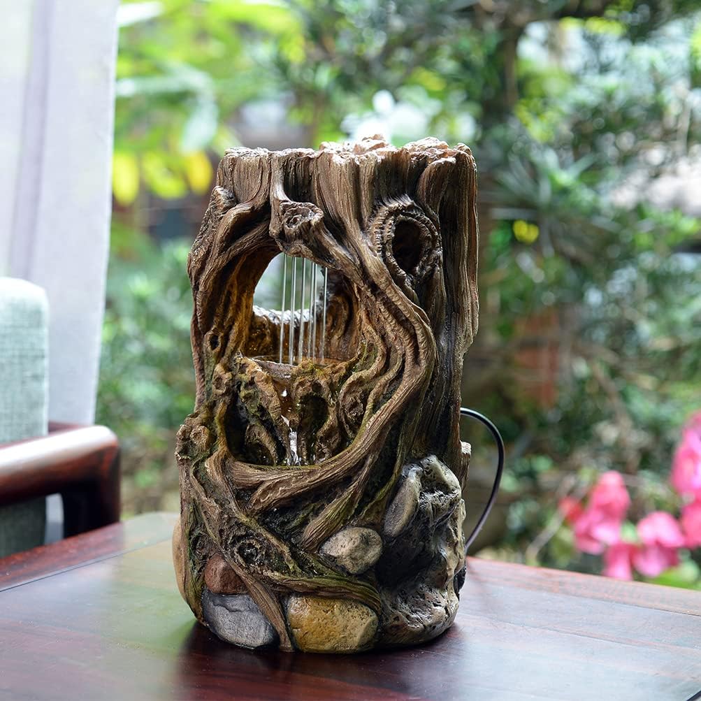 GOSSI Indoor Fountain Tabletop Stump Waterfall Decor