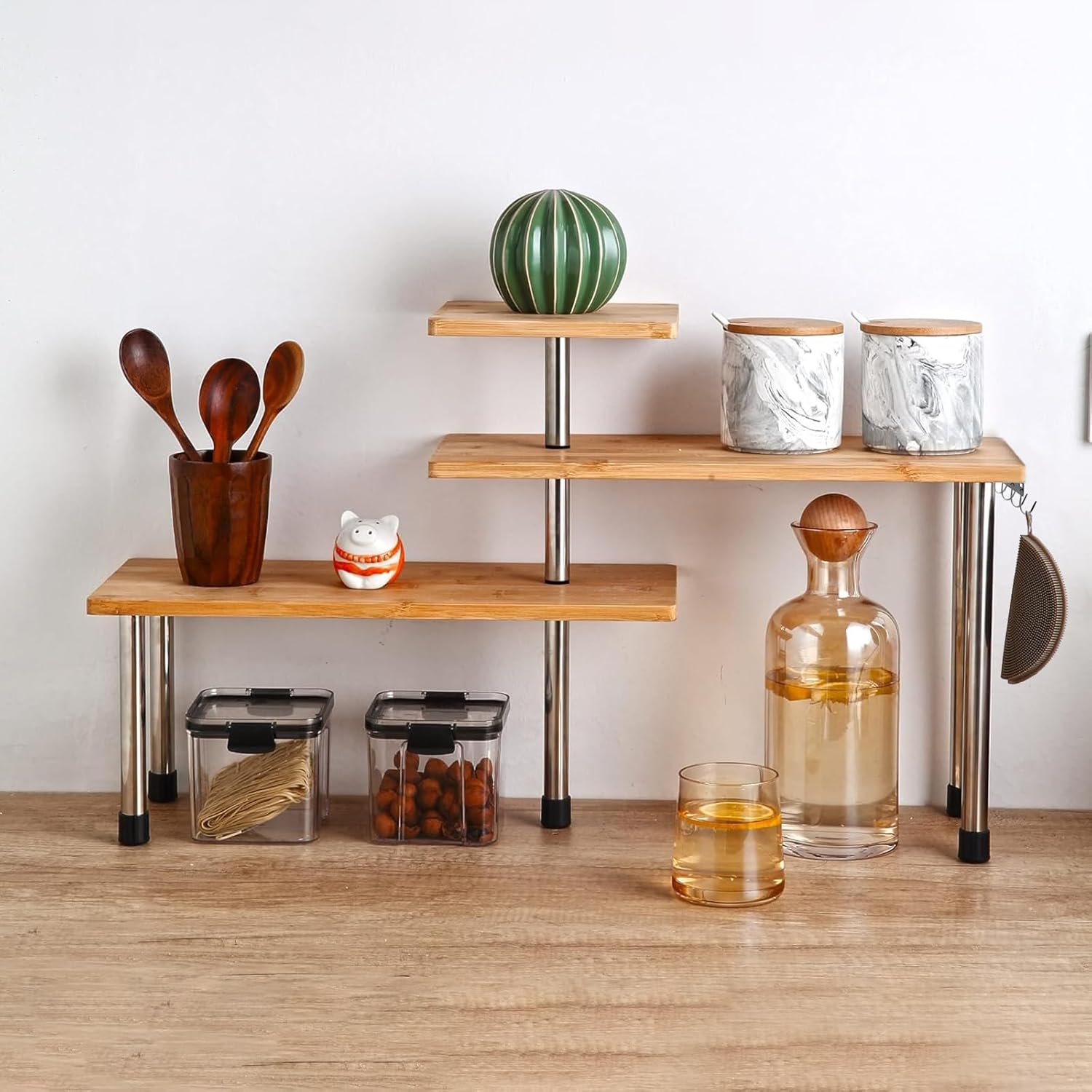 HYNAWIN 3 Tier Corner Shelf Bamboo Metal Organizer