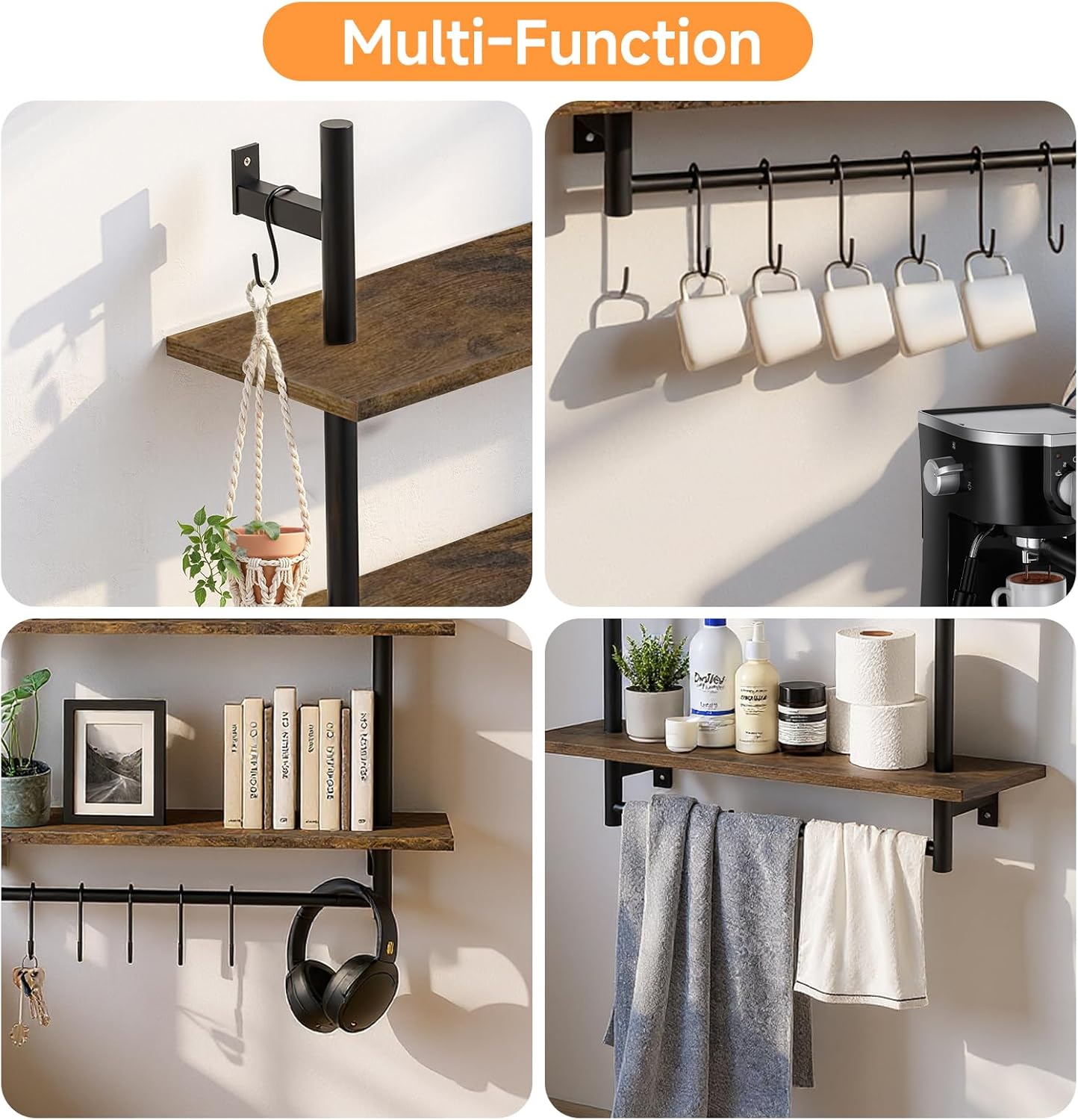 3 Tier Floating Wall Shelves with Towel Bar for Kitchen and Bathroom