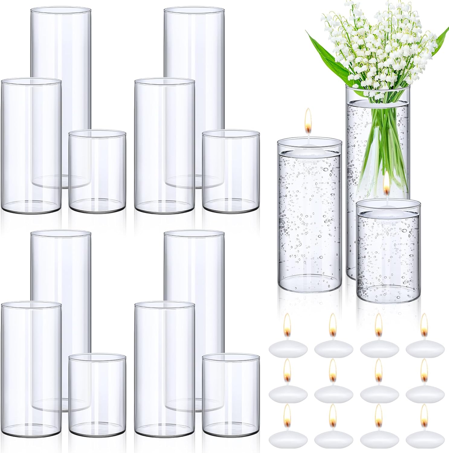 Jinei 12 Pack Glass Cylinder Vases with Floating Candles Set