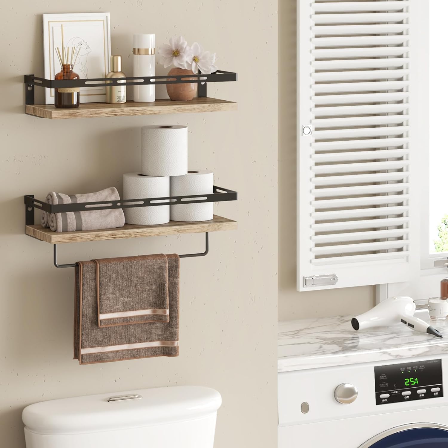 YGEOMER Floating Shelves Bathroom Organizer Over Toilet Wall Mount Rustic Brown Black