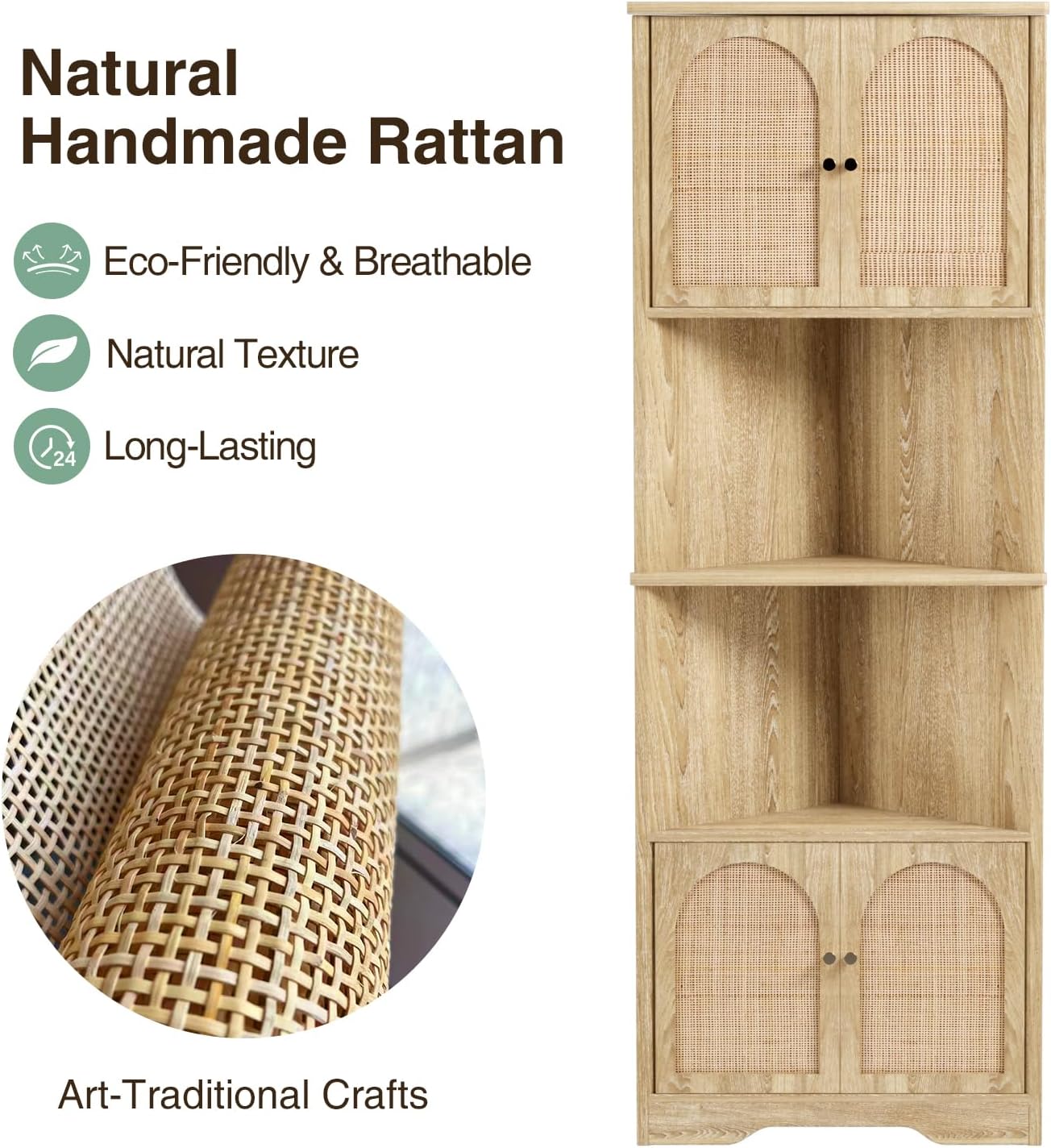 67 Inch Tall Corner Cabinet with Handmade Rattan Door