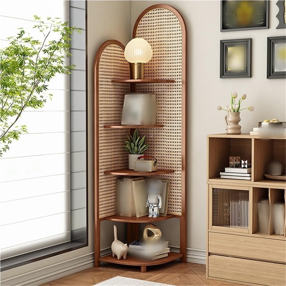 5 Tier Rattan Corner Shelf Multi Functional Bookshelf Triangular Living Room Decor