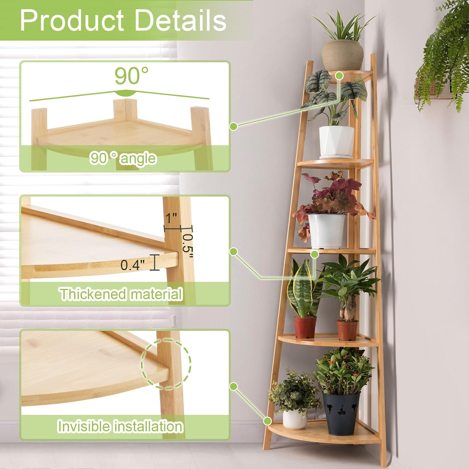 OUTREE Bamboo Corner Shelf 5 Tier Bookshelf Stand for Living Room Bedroom Office Bathroom