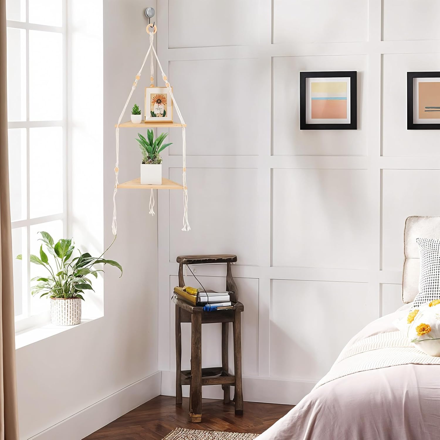 Corner Shelf White Wall Hanging 2 Tier Wood Floating Shelves