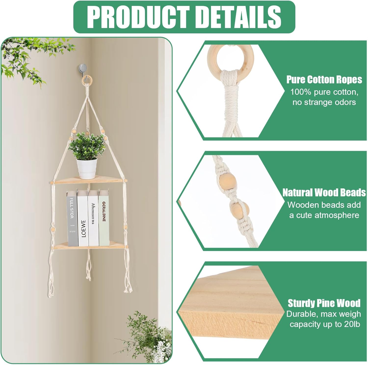 Corner Shelf White Wall Hanging 2 Tier Wood Floating Shelves