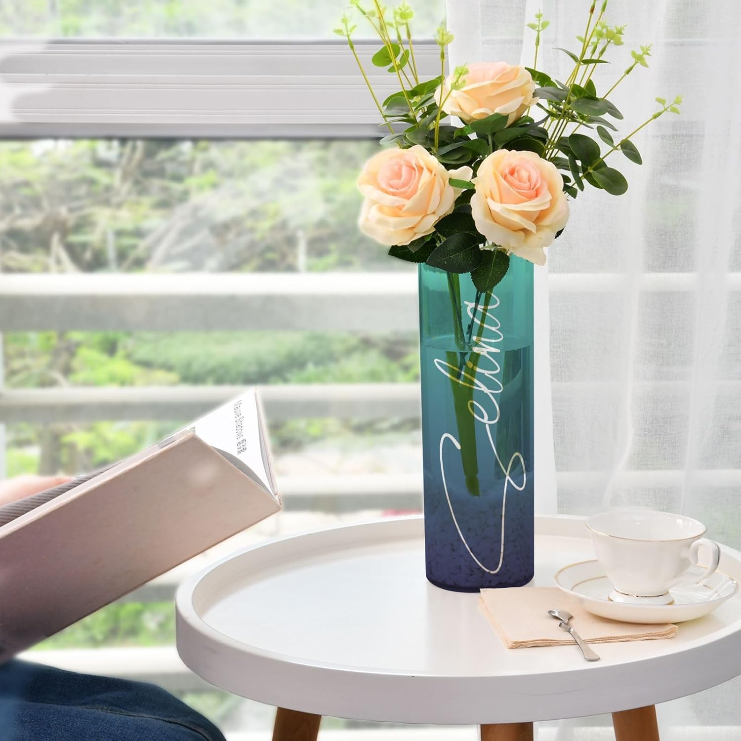 J JOYSAY Dark Teal Blue Gradient Vase for Centerpieces