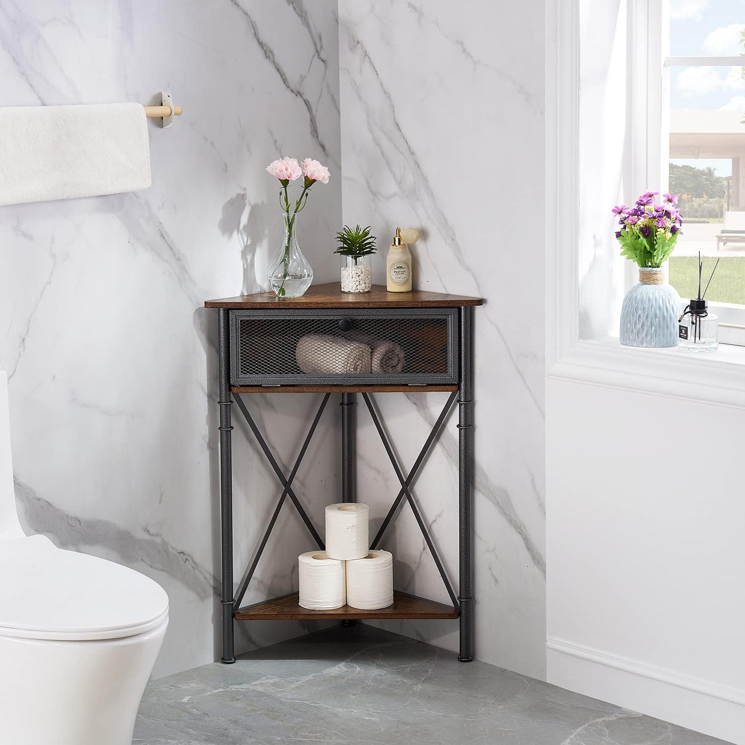 VECELO Corner Table Shelf with 3 Tier Brown Storage