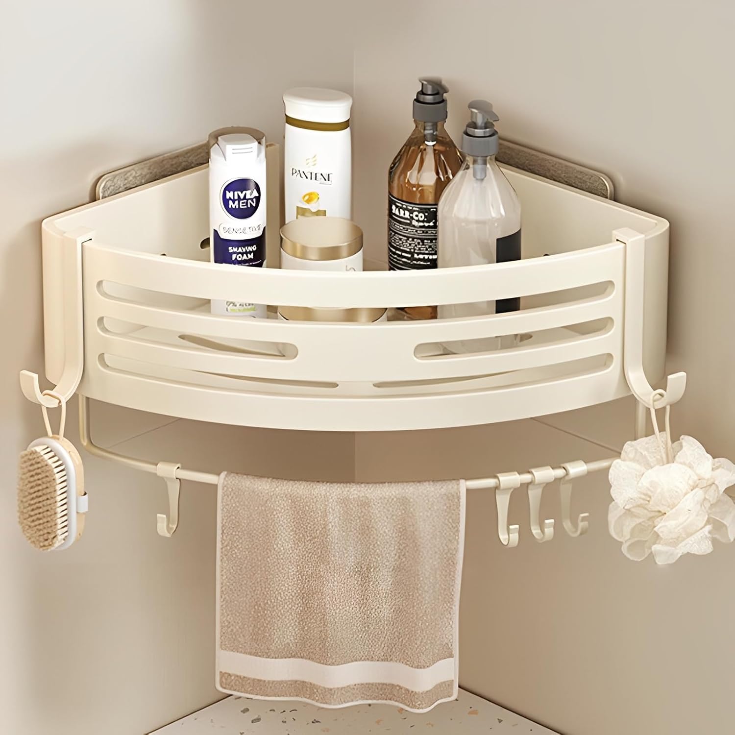Corner Triangle Shower Shelves with Hooks Rust Resistant Storage Shelf for Bathroom and Kitchen Creamy White