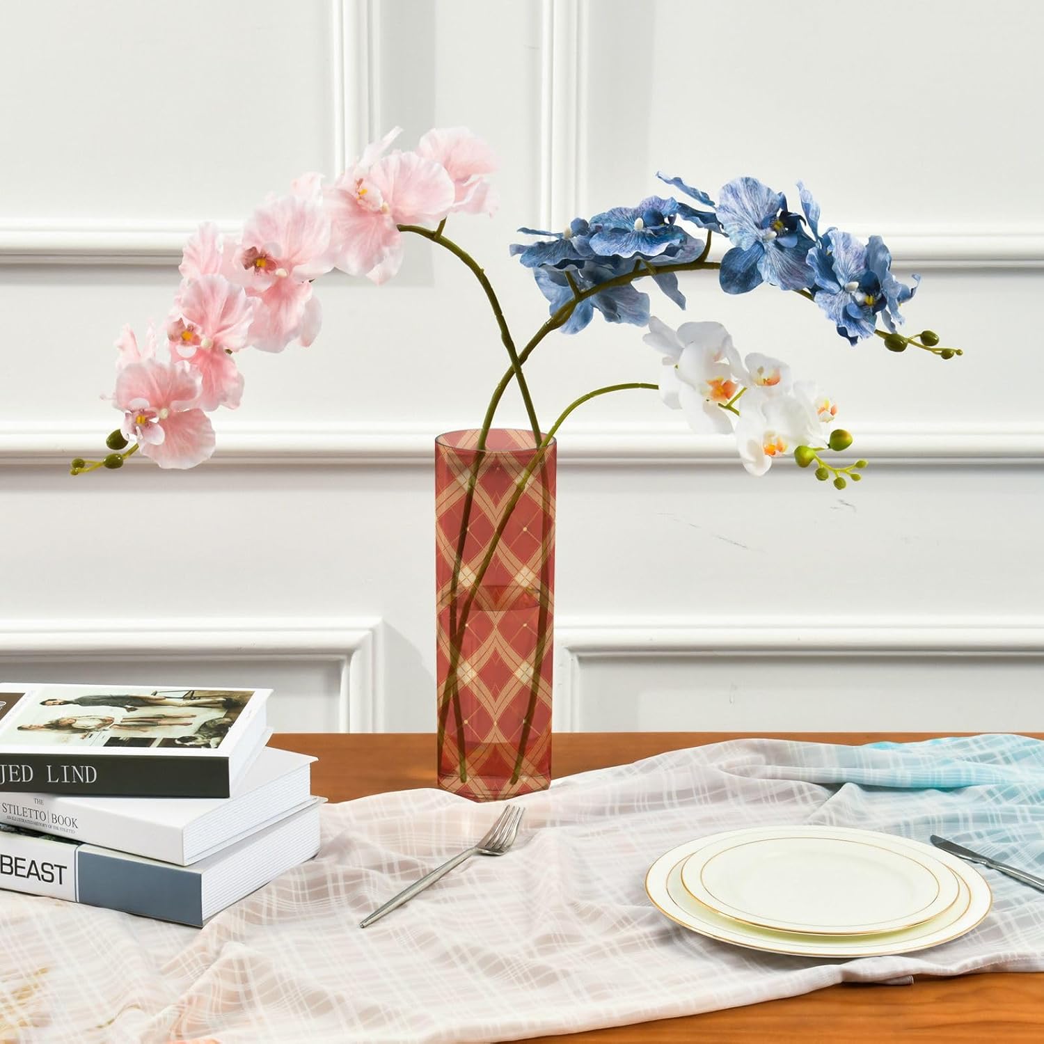 Chequer Pattern Red Gold Plastic Cylinder Vase 118x39 Inch