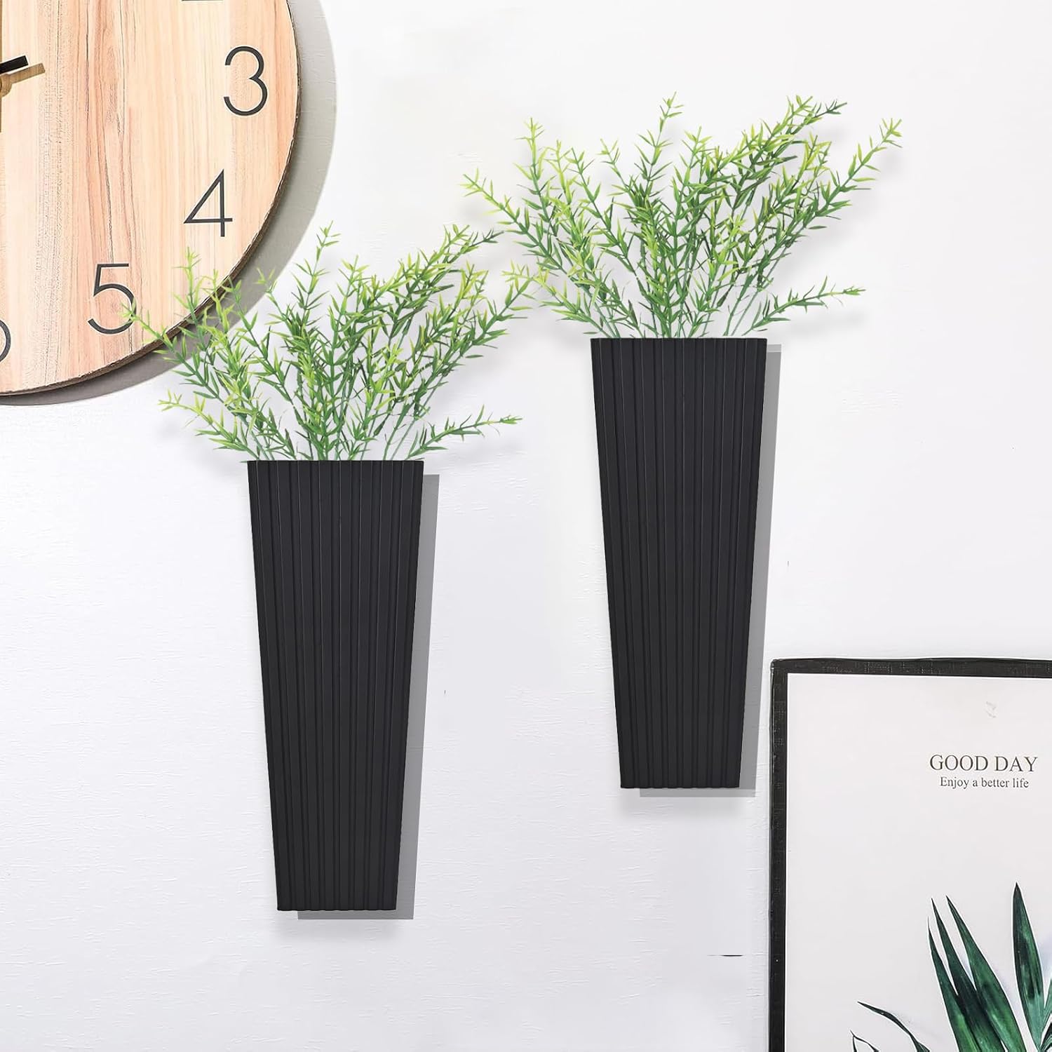 2Pack Black Wood Wall Planter for Dried Flowers and Plants